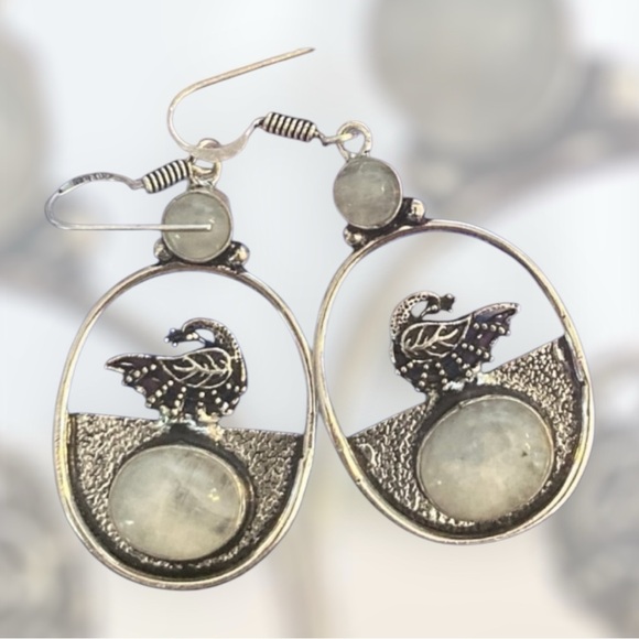 Rainbow Moonstone Handcrafted Dangle Earrings Marked 925 Silver. Birds. - Picture 2 of 4